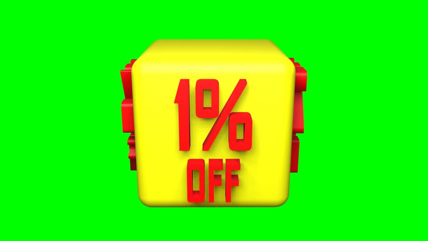 Various discounts on the rotating 3D cube isolated on green screen: 1%, 2%, 3%, 4%, 5%, 7%, 10%, 15%, 20%, 25%, 30%, 40%, 50%, 60%, 70%, 80%, 90%.  Animation of big sale, extra discount and hot sale.