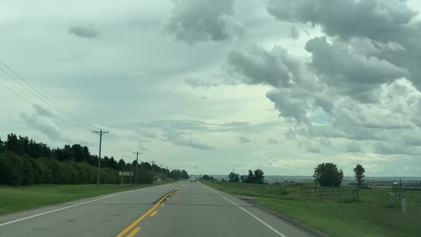 Agricultural prairie scene with roadside view of wheat and canola fields under sunny skies summer country road trip rural Canada farmland drive scenic travel photography landscape