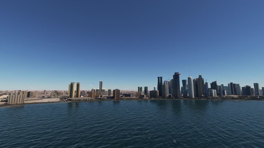 3D - Side aerial drone shot of Doha. Qatar