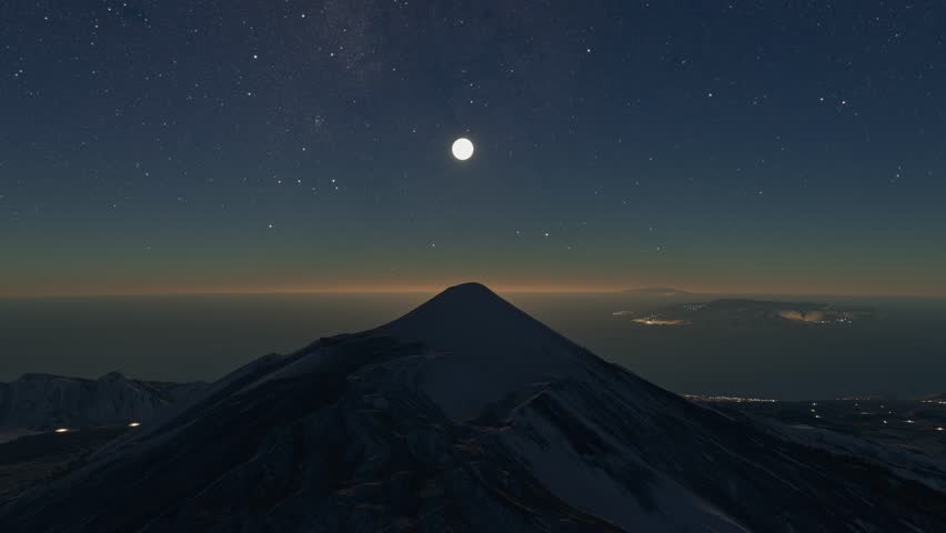 3D - Night aerial view of Teide National Park under the full moon in La Orotava. Santa Cruz de Tenerife. Spain