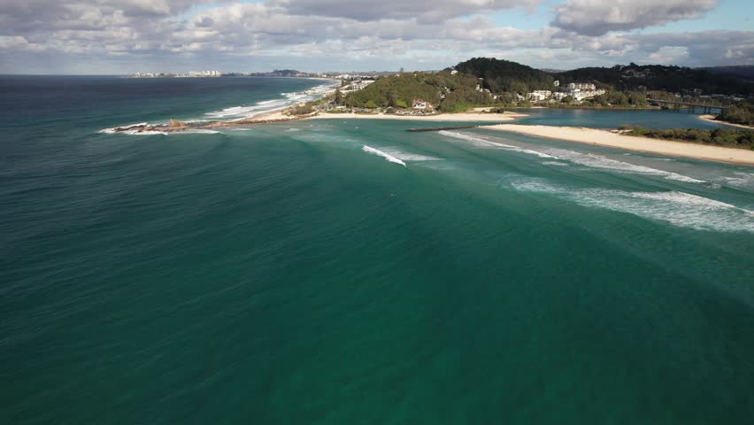 Scenic Surfing Spot Of Currumbin Beach In Queensland, Australia. Aerial Drone Shot