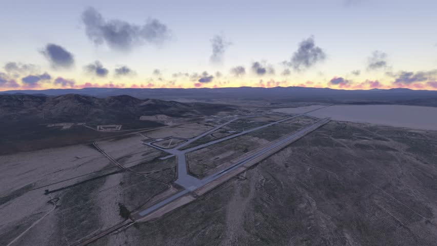 3D - Circular aerial view at sunset of Area 51 in Nevada. United States
