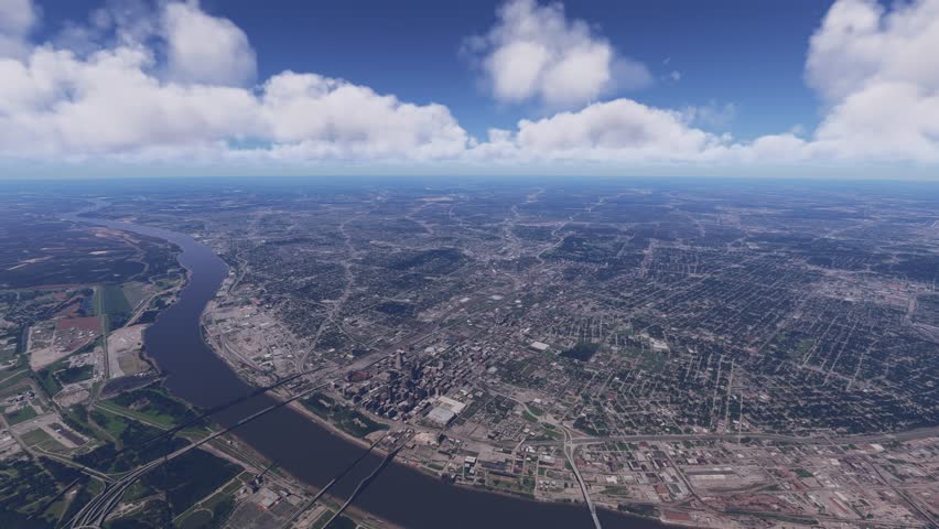 3D - Circular aerial view of the Mississippi River in St. Louis. Missouri. United States