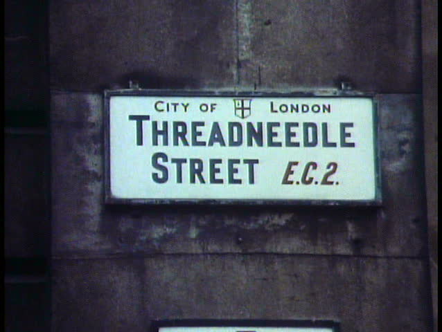 London, England, "Threadneedle Street" sign, close up