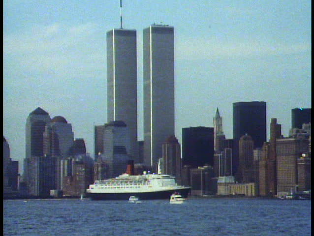 The New York harbor, World Trade Center, Queen Elizabeth 2 sails out