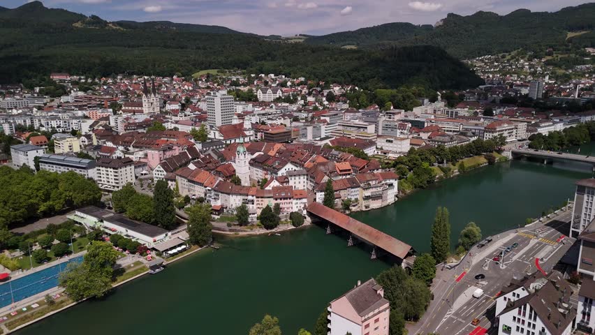 Medieval old town Olten Switzerland bridge over Aare river aerial drone