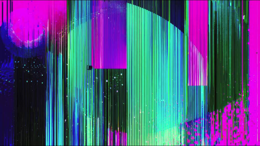 Vibrant glitch art with dynamic neon stripes and digital elements
