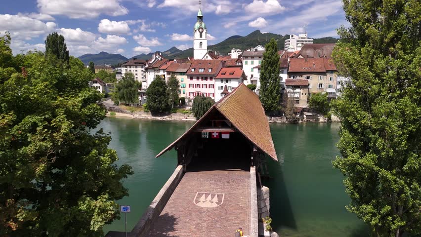 Roman Old wooden bridge Olten Switzerland town aerial drone infrastructure