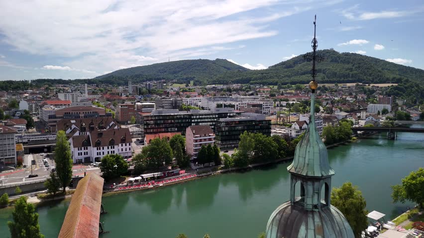 Aare river Switzerland Olten medieval old town square aerial drone landscape