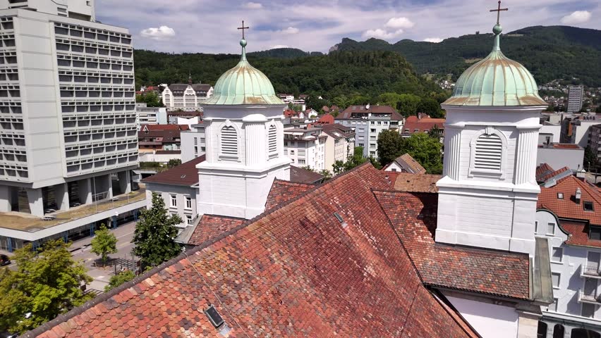 Church tower Olten old medieval town Switzerland catholic religion architecture building aerial