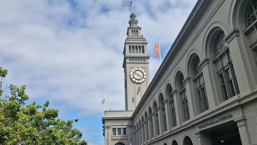 Ferry Building, Landmark of San Francisco, California USA, Exterior, Clock Tower and Flags