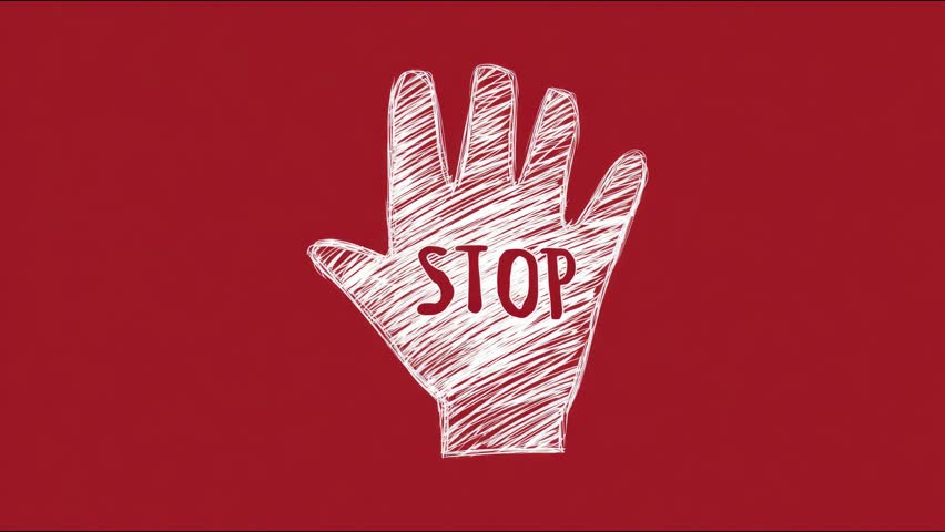 Handdrawn stop sign animation on red background illustrates a warning message