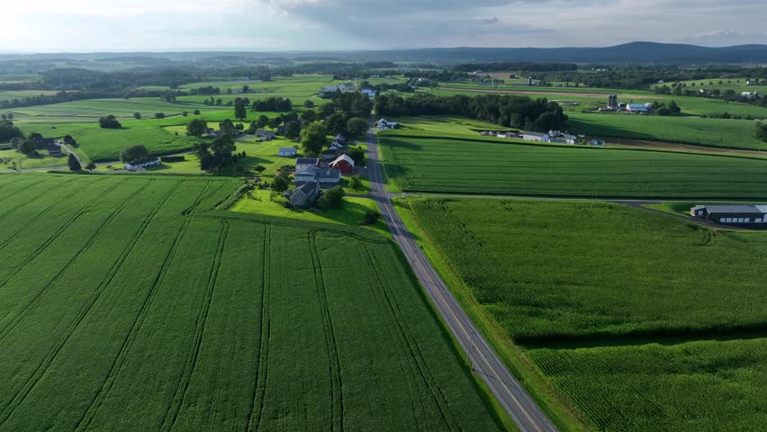 Idyllic and quiet rural landscape with Main Street in suburb town of America. Farmsteads and homes in quaint neighborhood of USA. Sunset time. Aerial Birds Eye forward.