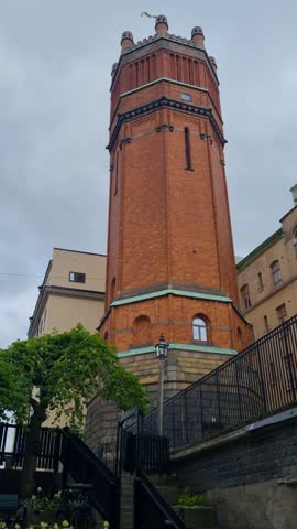 Shot of the historic Mosebacke Water Tower (Mosebacke vattentorn) in Stockholm’s Södermalm district, now used as a pump station, located at Mosebacke torg 7 near Fiskargatan