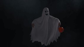 child dressed up in ghost costume trick treating at halloween holding pumpkin shaped jack lantern bucket against black smoke fog mist background. children. isolated green screen. spooky horror scary - Powered by Shutterstock - Get 15% off with code: PIKWIZARD15