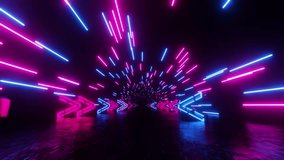 3d loop animation. Abstract geometric background. Neon arrows glowing with pink purple blue gradient, flash and showing forward direction inside dark tunnel. Virtual reality. VJ futuristic infinity - Powered by Shutterstock - Get 15% off with code: PIKWIZARD15