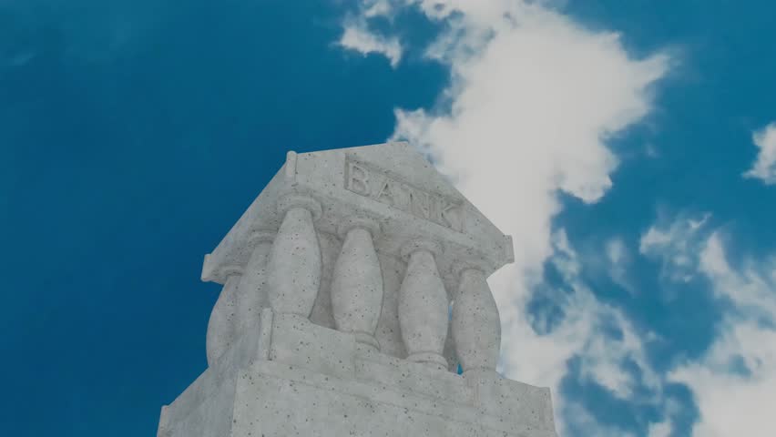 bank building statue captured in a time-lapse, highlighting architectural details against a dynamic cloudy sky.