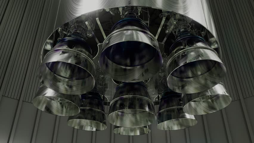 Bottom view of rocket engine nozzle, showcasing engineering, propulsion, and aerospace technology.