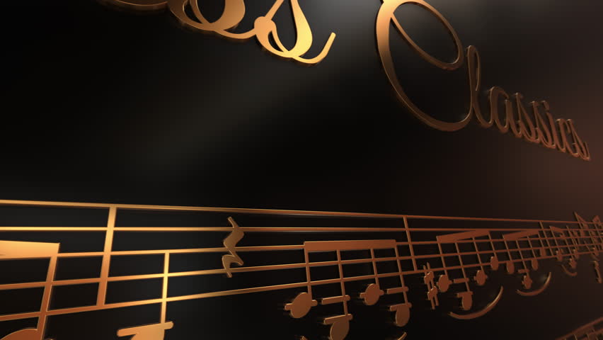 Set of 2 elegant and luxury 3D classical concert music intro or scene opener animations with staves, music notes, clefs and text against a black satin background, gold and silver version included