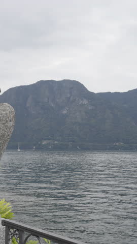 A scenic view with an eagle statue overlooking a stunning lake and majestic mountains. Action