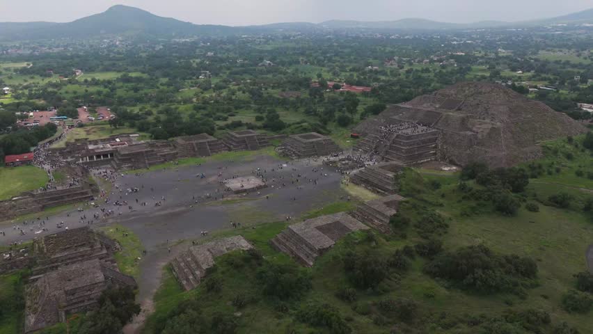 Aerial drone footage of stunning Teotihuacan area during the rainy season, Mexico