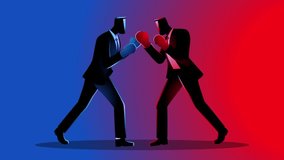 Two businessmen facing off as boxers, symbolizing competition, rivalry, and strategic battles in the corporate world. Perfect for themes of business conflict, competitive strategy, and power struggles - Powered by Shutterstock - Get 15% off with code: PIKWIZARD15