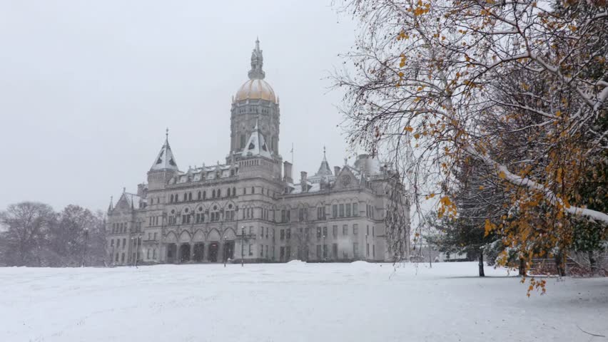 Snowy day at the connecticut state capitol building in hartford in the winter