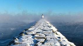 Snow covered pier leading to a lighthouse on a cold winter day on lake michigan - Powered by Shutterstock - Get 15% off with code: PIKWIZARD15
