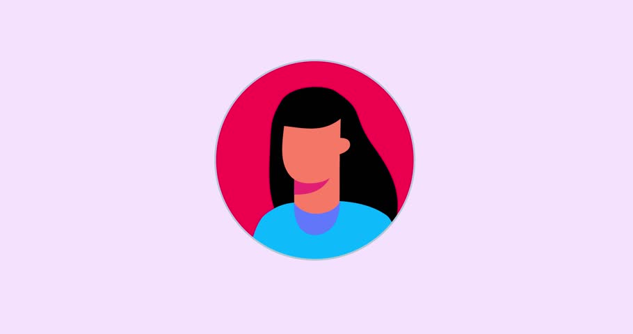 Woman simple red circle black long hair rotating isolated. Animated cartoon business video infographic motion design explainer style female character rotation flat design animation people preset asset