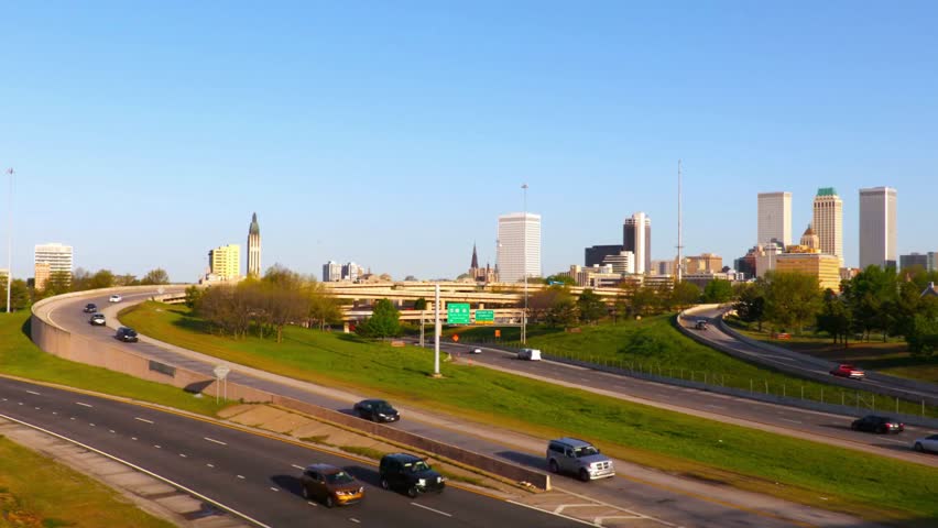 Panoramic view of the tulsa oklahoma skyline with highway and cityscape view
