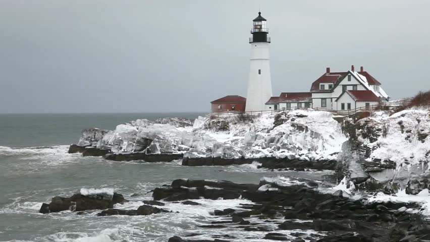 Portland head light in cape elizabeth maine during a winter snow storm