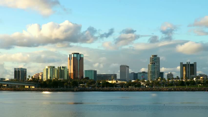 Long beach, california skyline with buildings and water on a sunny day
