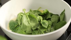 Close-up of female hands frying fresh spinach in a pan at home kitchen. Healthy vegetarian meal preparation with organic greens in a rustic cooking setting. - Powered by Shutterstock - Get 15% off with code: PIKWIZARD15
