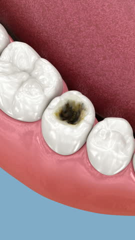 Tooth restoration with composite filling. Dental 3D animation