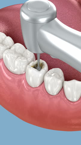 Tooth restoration with composite filling. Dental 3D animation