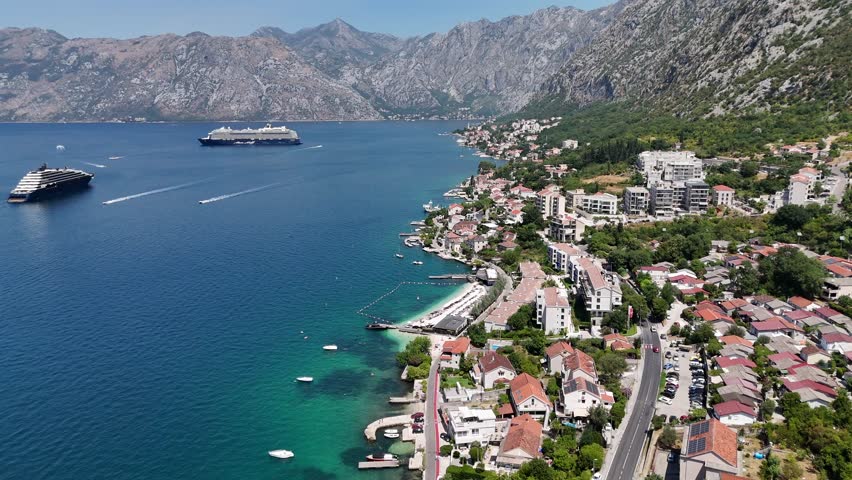 Aerial drone view bay of kotor old coastal town city montenegro balkan country balkans Adriatic Sea