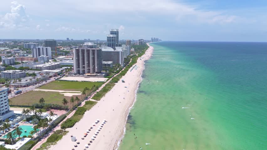 Miami Beach Coastal Resort City In Miami-Dade County, Florida, United States. Aerial Drone Shot