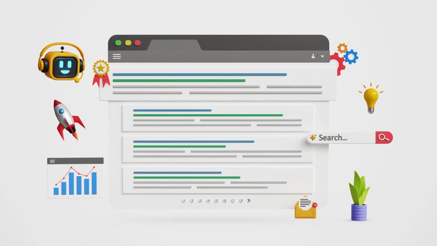 Search engine optimization, AI-powered SEO strategies, promote website, organic traffic with automation tools. Top search rankings, AI bot and strategic digital marketing. 4K 3D animation