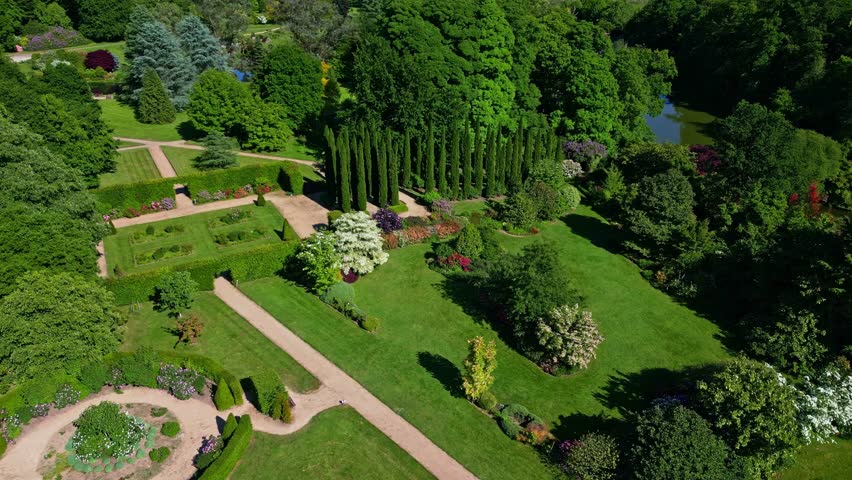 Parc de Haute Bretagne botanical garden in France. Aerial drone forward