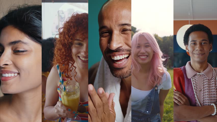 Video composition with different women and men of various ethnicities. Multicultural concept about humanity. Happy people smiling to camera.