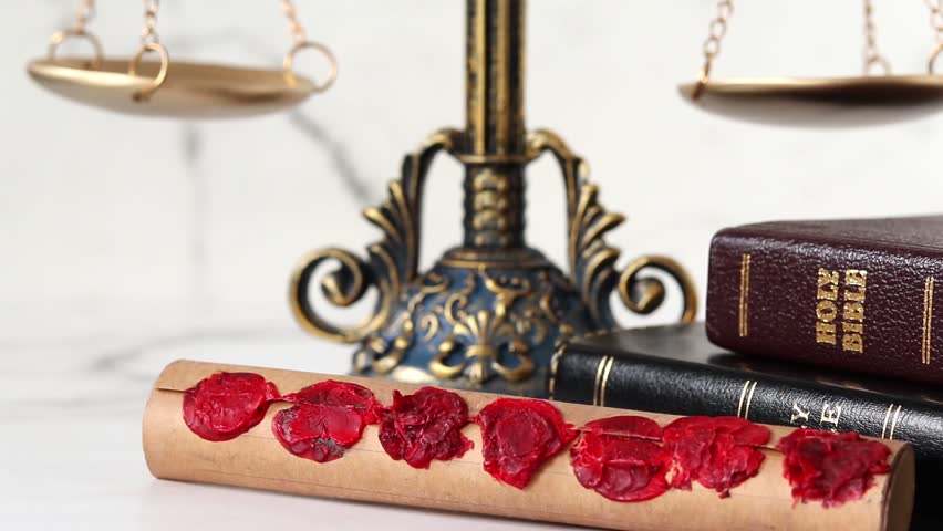Ancient scroll with seven seals, holy bible and balance scale. Close-up. Judgment day, revelation and prophecy, Christian biblical concept.