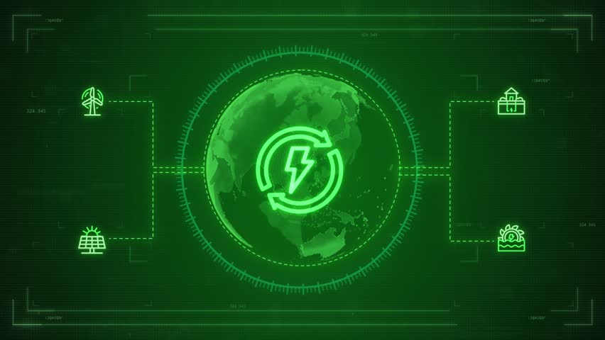 Animated Renewable Energy Icons Around Digital Earth Globe – Green Technology, Solar, Wind, Hydro, and Eco-Friendly Futuristic Background - Powered by Shutterstock - Get 15% off with code: PIKWIZARD15