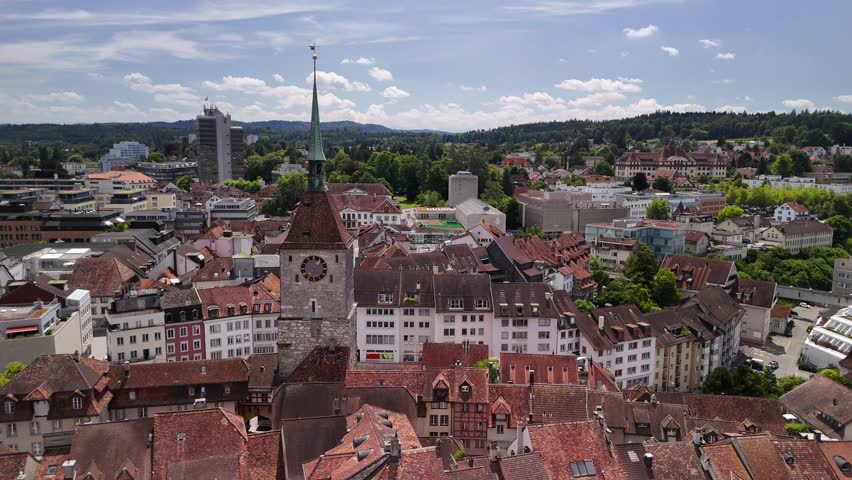 Aarau city main square clock tower Switzerland old town Aargau Swiss canton
