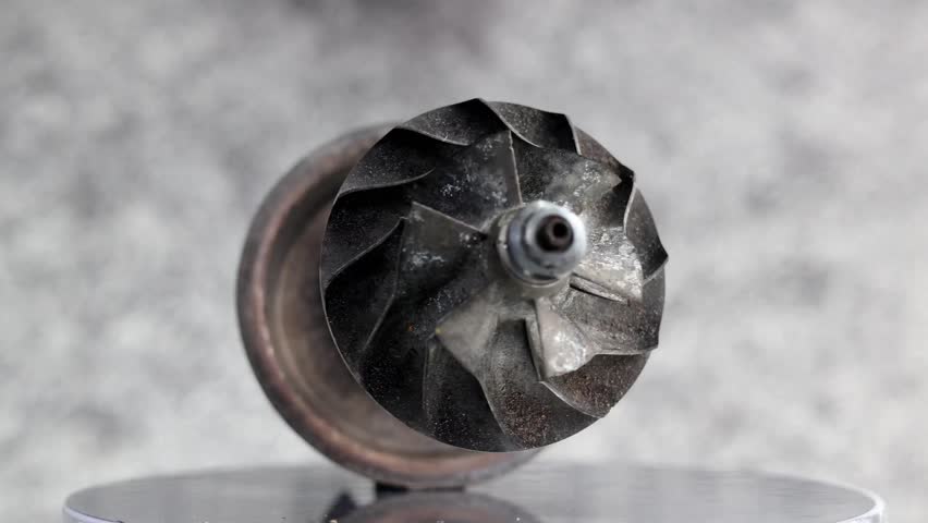Damaged turbocharger compressor wheels and turbine wheel shaft with black blades from carbon residue from combustion