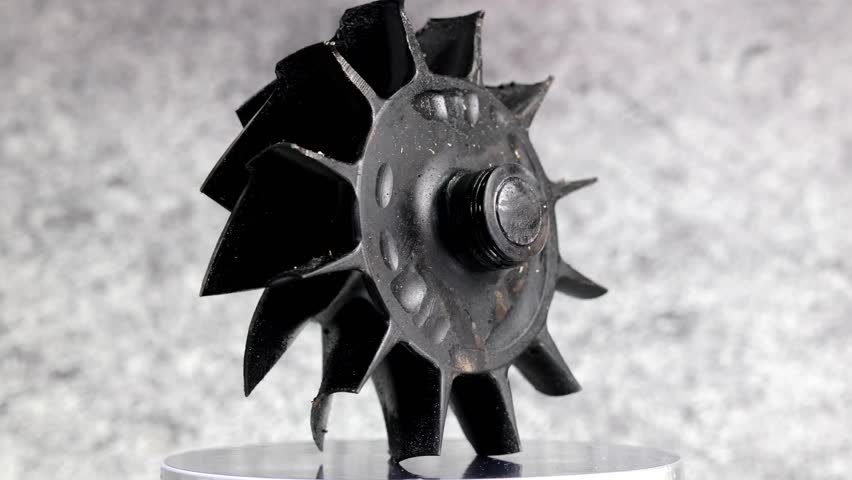 Damaged turbocharger compressor wheels and broken turbine wheel shaft with black blades from carbon residue from combustion on rotating display.