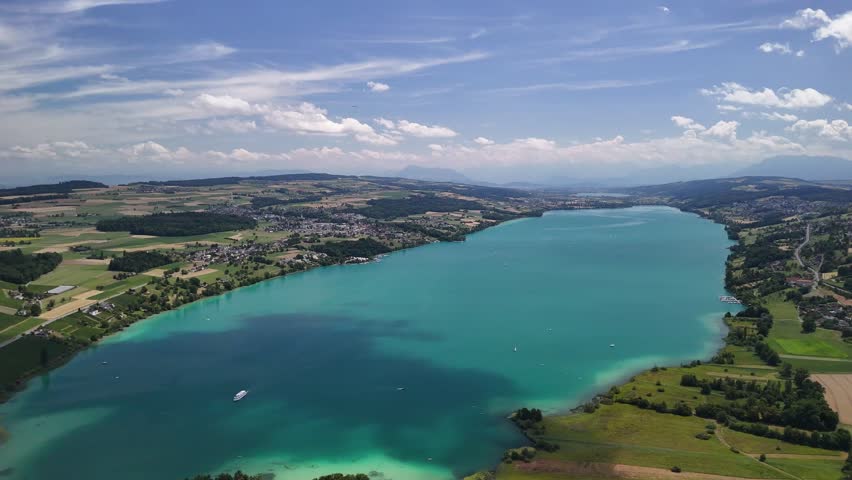 Lake Hallwil hilly countryside Switzerland aerial drone Swiss nature landscape
