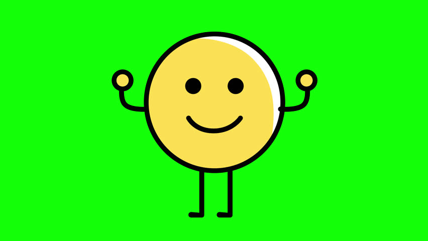 A yellow round face emoji jumps for joy, looping video with a green screen.