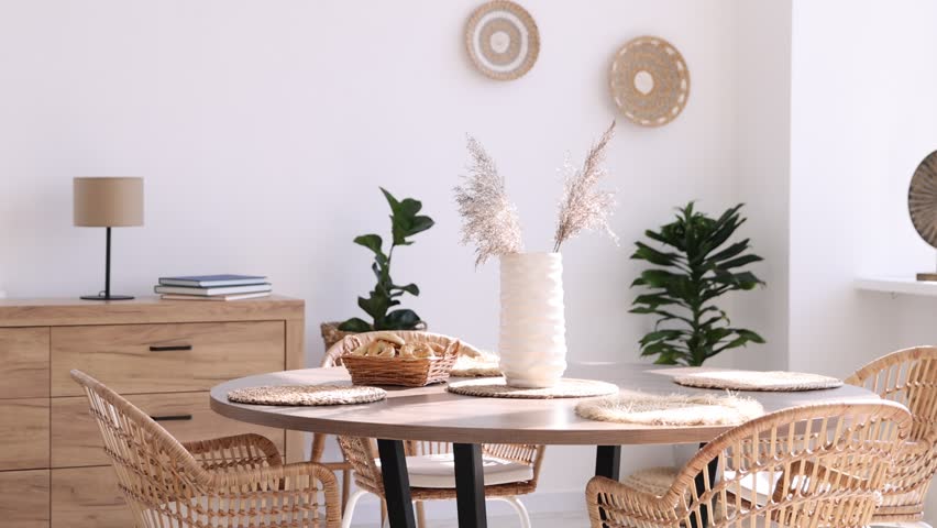 Stylish table with chairs and decor in dining room, camera moving. Interior design