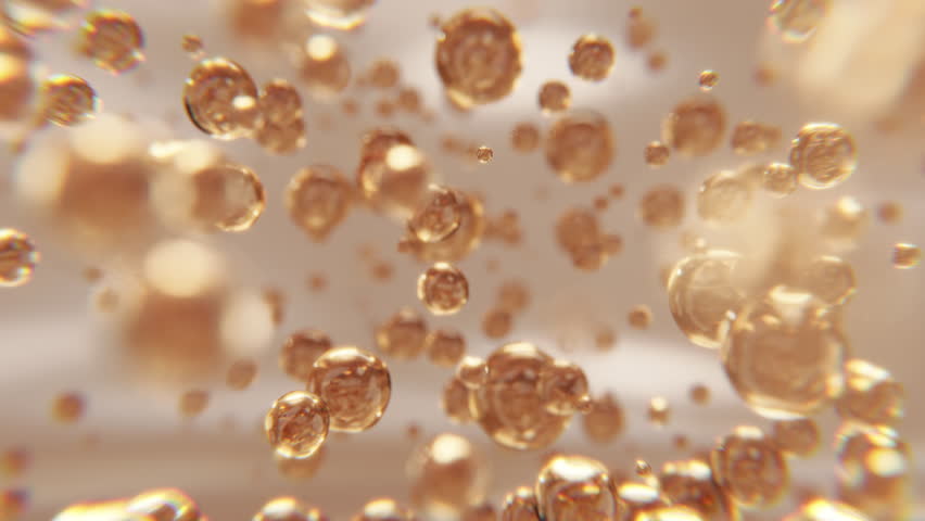 Golden serum droplets floating in crystal-clear fluid, symbolizing luxury skincare, premium ingredients, and anti-aging innovation for beauty, cosmetic, and wellness concepts.