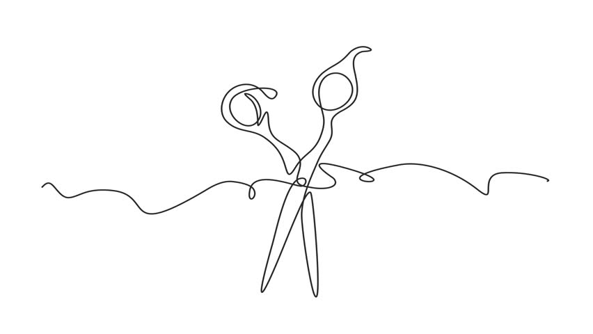 Animated self drawing of continuous line draw scissors. Barber haircut beauty salon lifestyle. Full length one line animation. 4K	